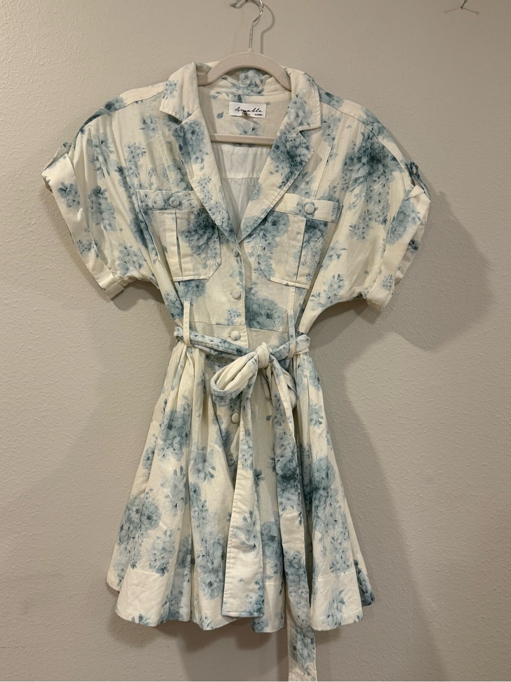 Blue Floral Tie-Waist Mini Dress - Casual Shirt Style